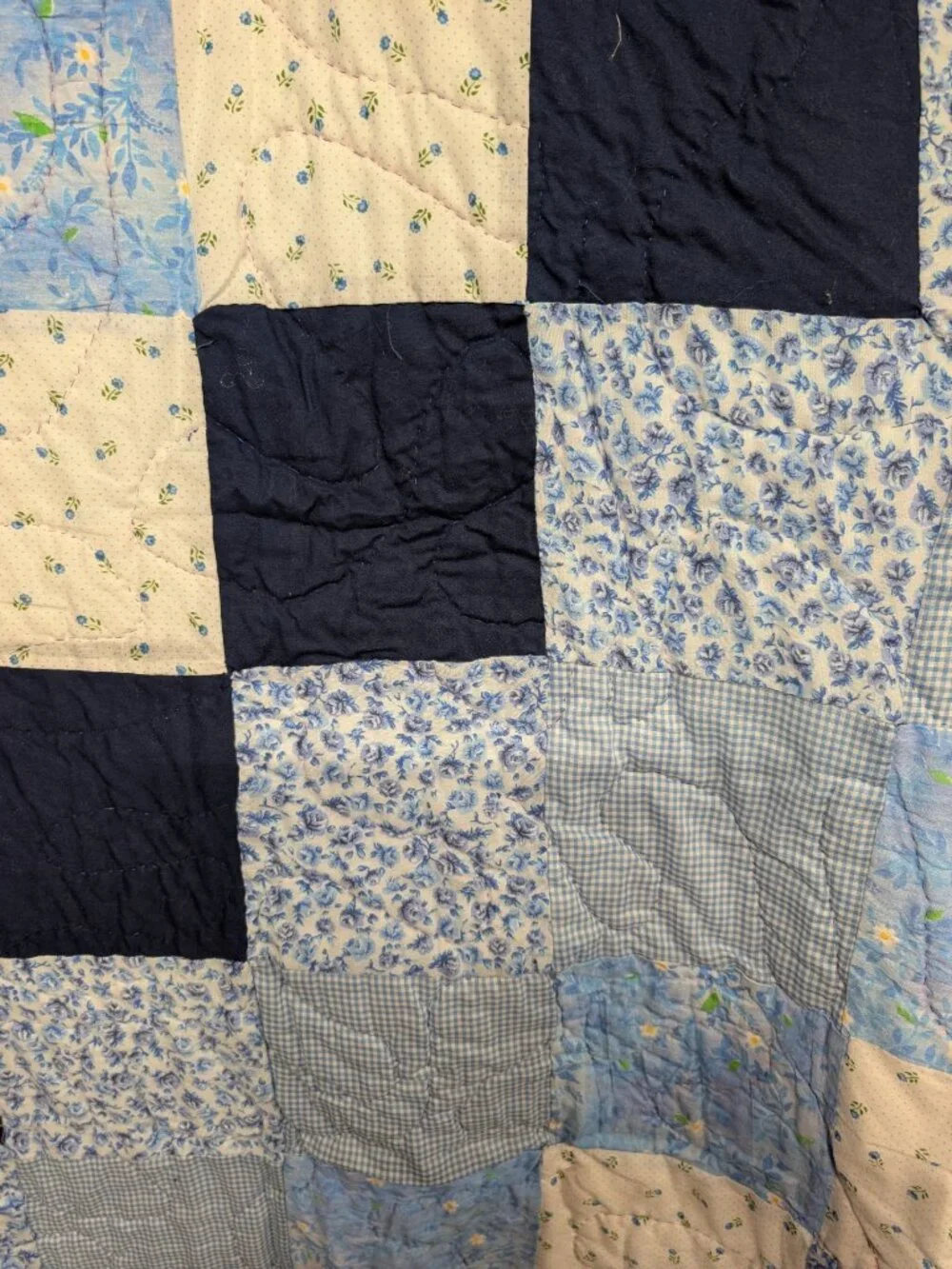 Handmade Blue Floral Patchwork Quilt - Vintage Throw